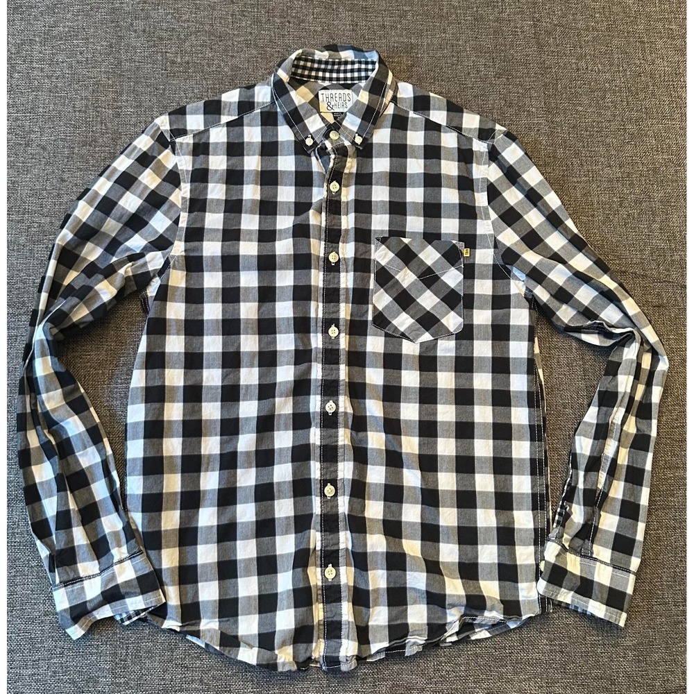 Threads & Heirs Mens Small Button Down Shirt Black‎ White Buffalo Plaid Cotton